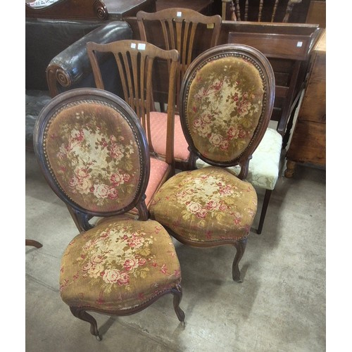 251 - A Regency mahogany dining chair, a pair of George III mahogany dining chairs and a pair of Victorian... 