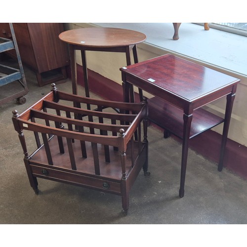 259 - An Edward VII mahogany oval occasional table, another occasional table and a mahogany Canterbury