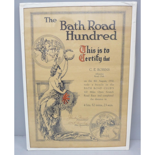 2005 - A mounted road cycling certificate, The Bath Road Hundred, 4th August 1930, to C.E. Robins, Allondon... 