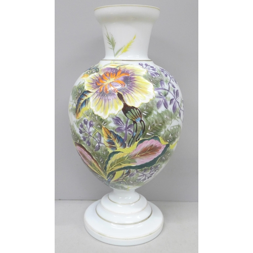 2007 - A late Victorian opaque glass vase, hand painted, 31.5cm