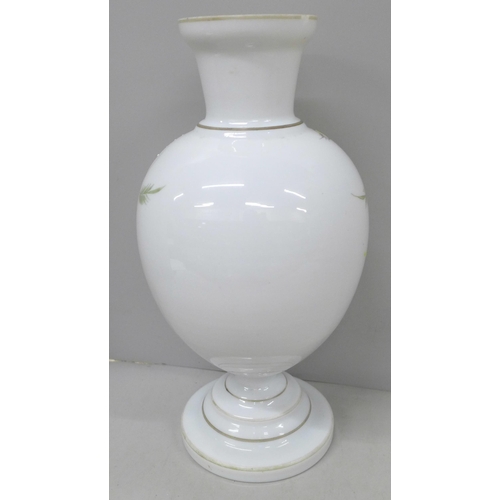 2007 - A late Victorian opaque glass vase, hand painted, 31.5cm