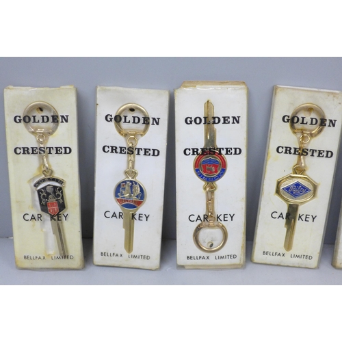 2015 - Eight key rings, Golden Crested car key, Austin, Morris, MG, Ford and Vauxhall