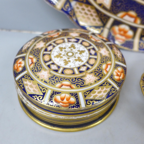 2046 - A Royal Crown Derby plate, trinket box, jar lacking lid and a small dish