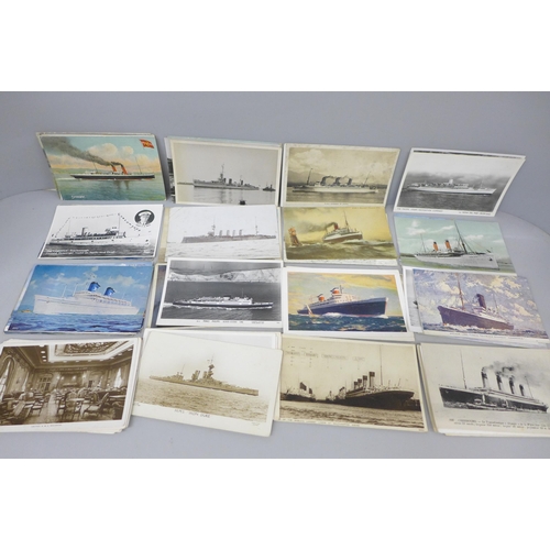 2055 - A collection of approximately 80 shipping postcards, battleships, cruise liners and some interior vi... 