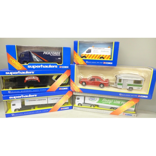 2091 - Four Corgi Super Haulers, Mercedes with caravan set and Highways Agency van, (6)