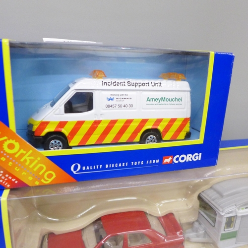 2091 - Four Corgi Super Haulers, Mercedes with caravan set and Highways Agency van, (6)