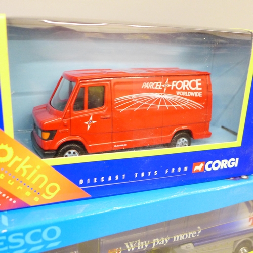 2100 - Six Corgi models, one Super Haulers, three advertising lorries, Parcel Force van and a Somerfield va... 