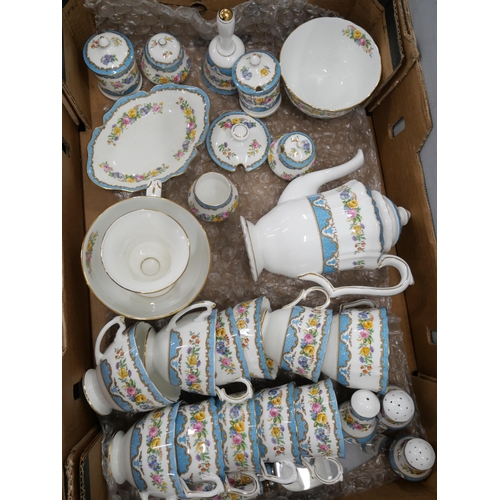 2237 - A collection of bone china Crown Staffordshire tea and dinnerware, in the blue Tunis pattern. Compri... 