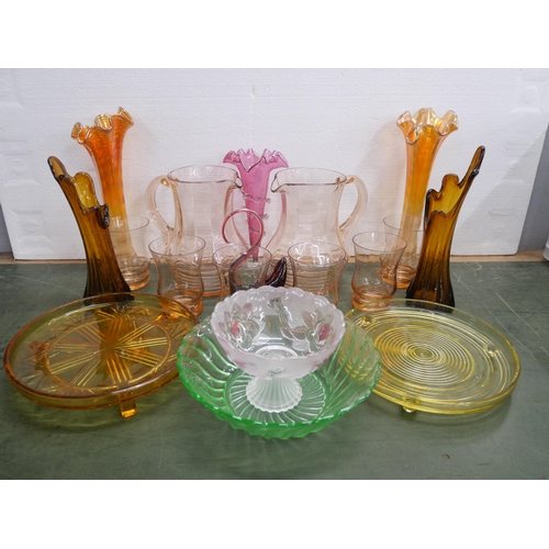 2246 - Collection of coloured glassware to include peach glass lemonade set of jugs and cups, uranium bowl,... 