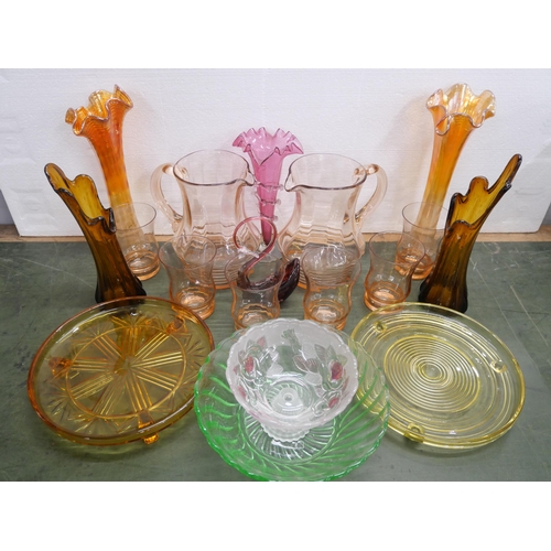 2246 - Collection of coloured glassware to include peach glass lemonade set of jugs and cups, uranium bowl,... 