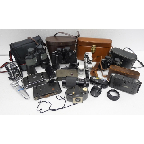 2252 - A box of camera and binoculars including Bolex cini-camera & Number 1 Autographic Koda Jr, etc.