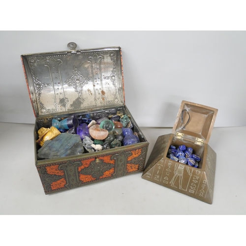 2268 - A box containing three chests and one pyramid box of crystals, includes lapis lazuli rhinestones, cr... 