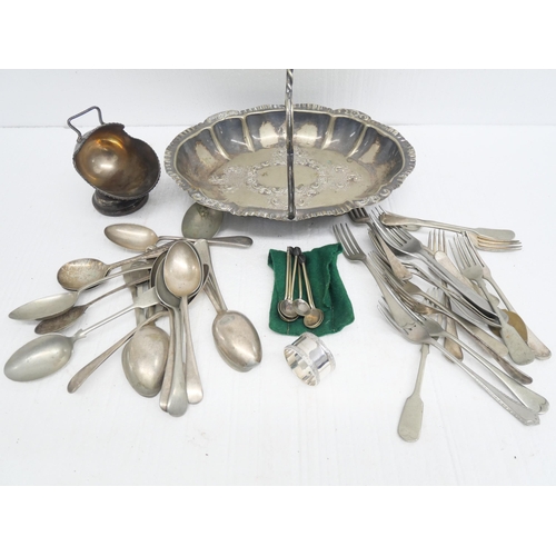 2296 - A silver napkin ring, 25g, a plated basket, sugar hod and flatware **PLEASE NOTE THIS LOT IS NOT ELI... 