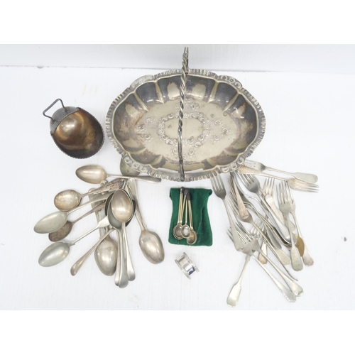 2296 - A silver napkin ring, 25g, a plated basket, sugar hod and flatware **PLEASE NOTE THIS LOT IS NOT ELI... 