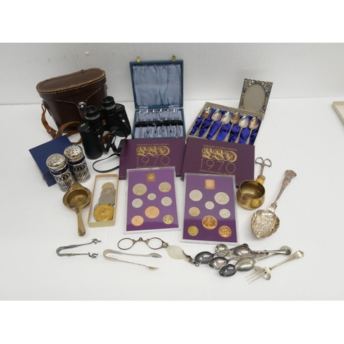 2301 - A pair of 8 x 30 binoculars, two 1970 Great Britain coin sets, medallions and plated ware