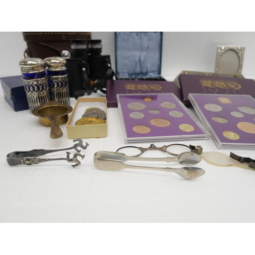 2301 - A pair of 8 x 30 binoculars, two 1970 Great Britain coin sets, medallions and plated ware