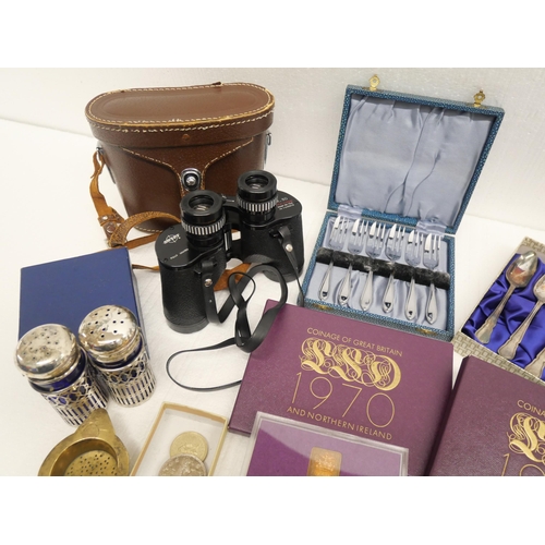 2301 - A pair of 8 x 30 binoculars, two 1970 Great Britain coin sets, medallions and plated ware