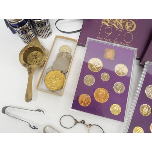 2301 - A pair of 8 x 30 binoculars, two 1970 Great Britain coin sets, medallions and plated ware