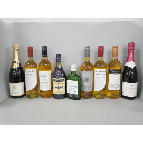 2304 - A collection of wines and spirits including Martell Cognac, Gordon's Gin, Champagne, etc. (9)