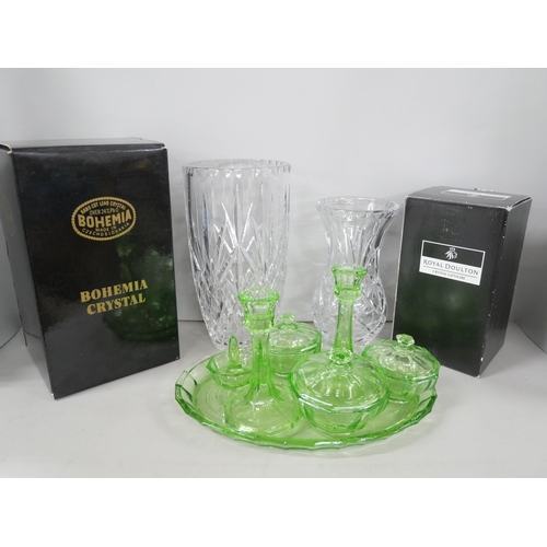 2312 - Four boxes of glassware to include boxed Bohemia crystal vase and Royal Doulton crystal vase, with w... 