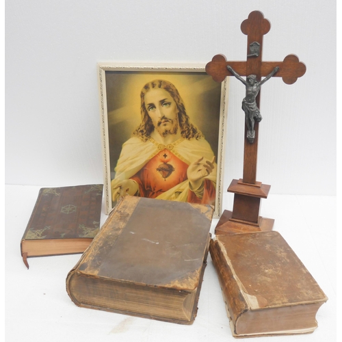 2319 - Two 19th Century and one later Bible, an oak crucifix and a print of Jesus Christ **PLEASE NOTE THIS... 