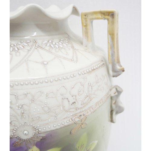 2320 - A pair of large early 20th century vases decorated with flowers, one a/f, handle broken **PLEASE NOT... 