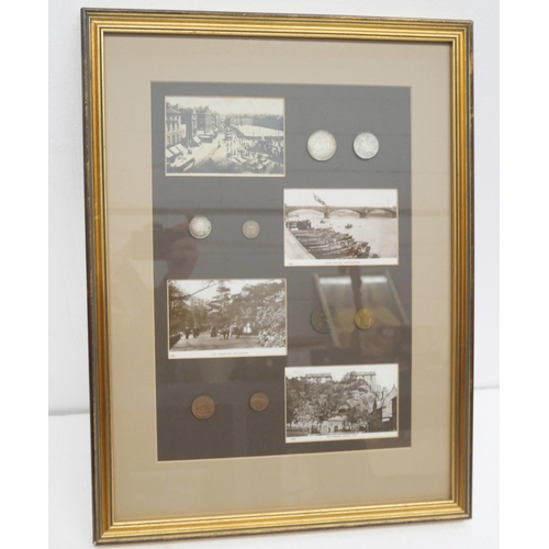 2323 - Three framed pictures, postcards with images relating to Nottingham, mounted coins (four half silver... 