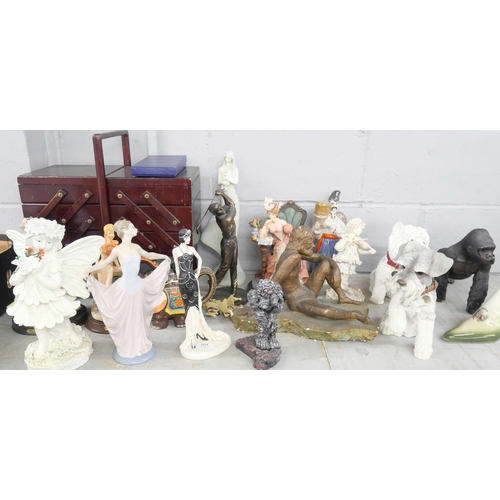 2324 - A sewing box, a collection of figures, golfer, Art Deco, dog, gorilla, etc. **PLEASE NOTE THIS LOT I... 