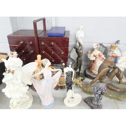 2324 - A sewing box, a collection of figures, golfer, Art Deco, dog, gorilla, etc. **PLEASE NOTE THIS LOT I... 