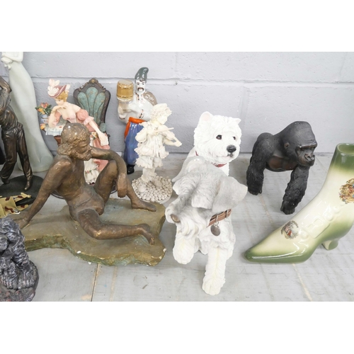 2324 - A sewing box, a collection of figures, golfer, Art Deco, dog, gorilla, etc. **PLEASE NOTE THIS LOT I... 