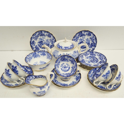 2325 - A Minton blue and white Genevese pattern tea set, six setting, sugar basin lid a/f and teapot a/f, a... 