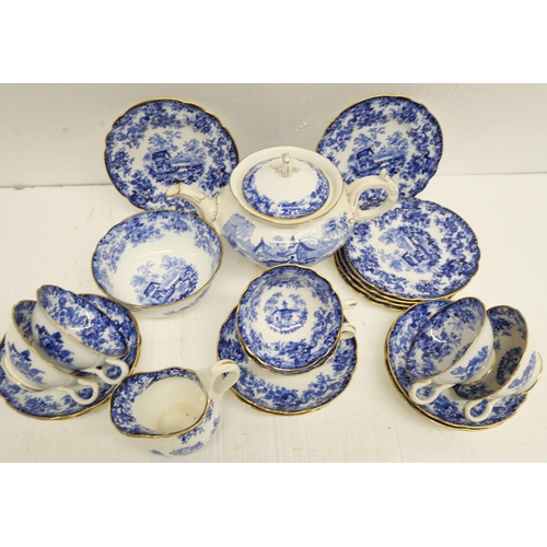 2325 - A Minton blue and white Genevese pattern tea set, six setting, sugar basin lid a/f and teapot a/f, a... 