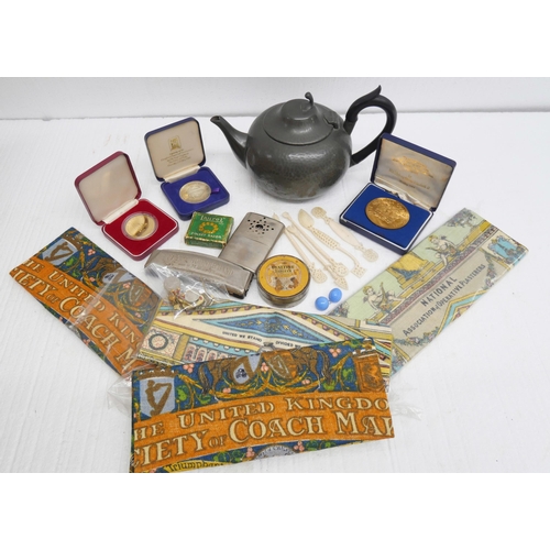 2328 - The Hohner Band harmonica, English pewter teapot, four association tea towels, medallions, five faux... 