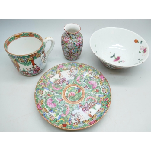 2330 - A famille verte tea bowl, famille rose cup and saucer, a small Japanese bowl, together with two box ... 