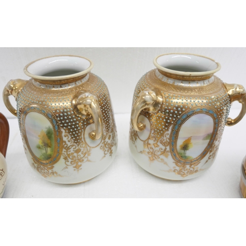 2334 - A pair of Japanese Noritake vases, one a/f, a tobacco lidded jar in the form of a toad smoking a pip... 