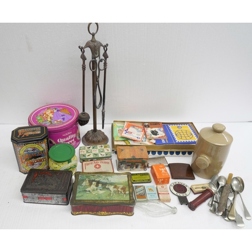 2351 - Assorted items including a collection of biscuit/advertising tins, stamps, silver plated items, ston... 