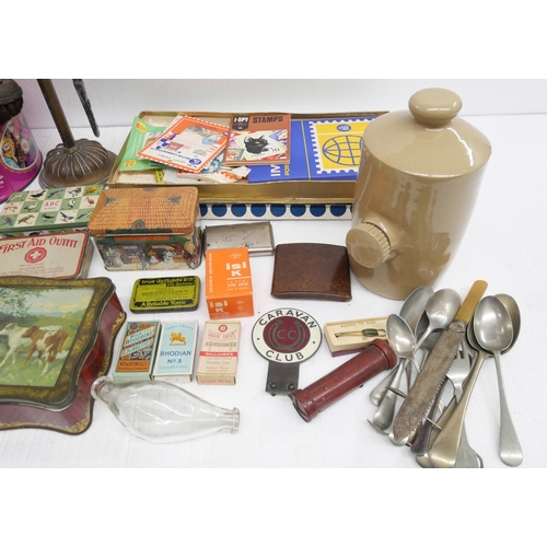 2351 - Assorted items including a collection of biscuit/advertising tins, stamps, silver plated items, ston... 