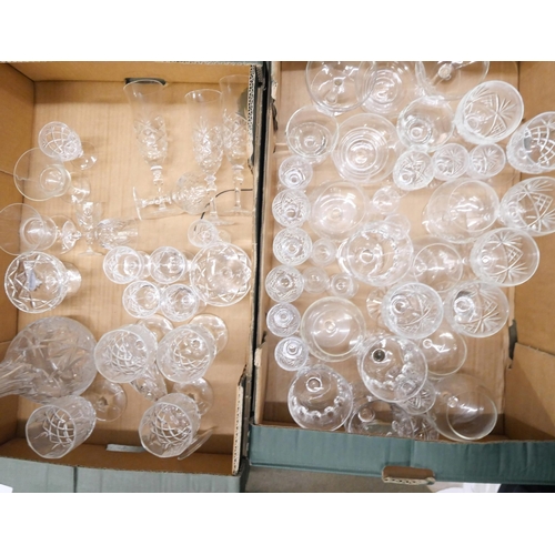 2353 - Two boxes of assorted crystal and glass; wines, sherries, brandy, champagne flutes, etc. **PLEASE NO... 