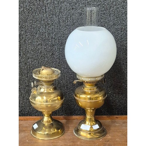 363 - Two Duplex brass oil lamps, one lacking chimney and shade