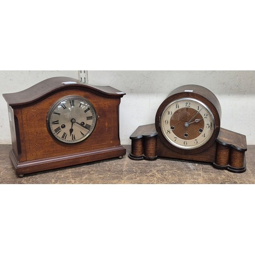 386 - An Art Deco oak mantel clock and an Edward VII inlaid mahogany 8-day mantel clock