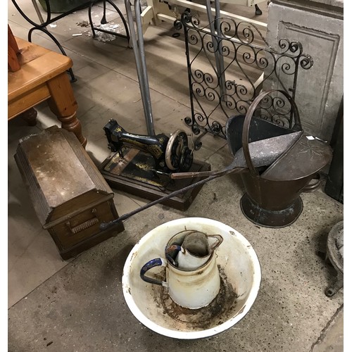 356 - A Singer sewing machine, copper coal scuttle, enamelled jug and bowl, etc.