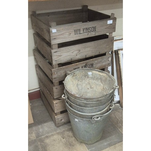 407 - Five galvanised buckets and three pine potato crates