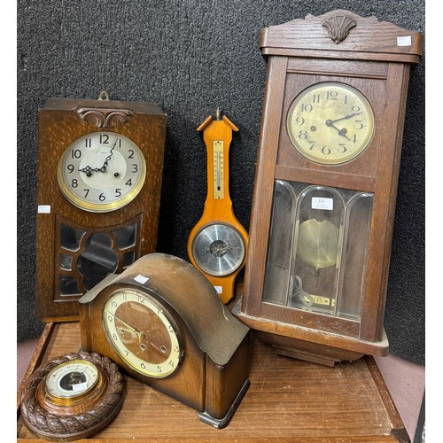 326 - Two oak wall clocks, an oak mantel clock and two barometers