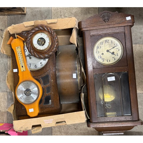 326 - Two oak wall clocks, an oak mantel clock and two barometers