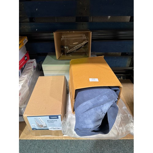 6208 - Mixed items to include an A4 file box, a brochure holder, cast 'Please Close the gate' sign, loose m... 