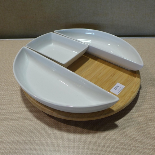 6038 - Bamboo Lazy Susan with three porcelain dishes (missing dish)  (353-386) *This lot is subject to VAT