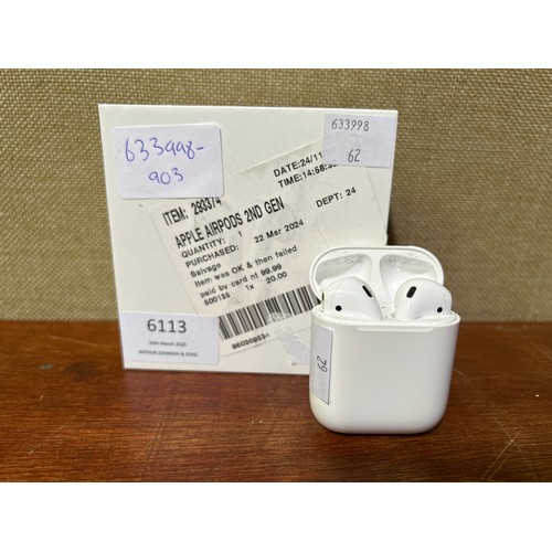 6113 - Apple AirPods with charging case (2nd generation) model no: mv7n2zm/a, Original RRP £99.99 + VAT (35... 