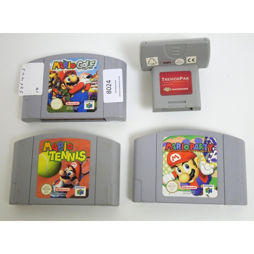 8024 - Three loose Nintendo 64 cartridges including Mario Party, Mario Golf, Mario Tennis and a Nintendo 64... 