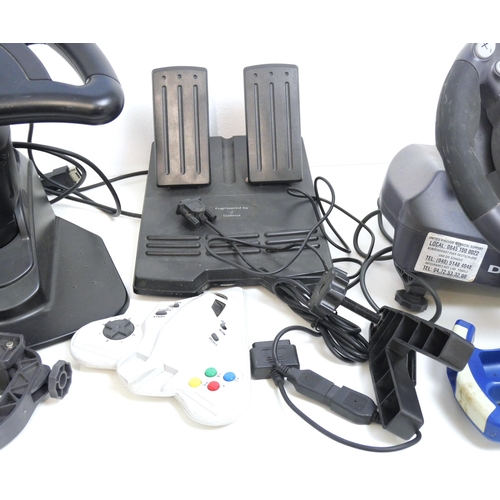 8175 - A collection of video game peripherals including a Jet Fighter Genesis/SNES wired controller, a Soni... 