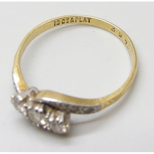 7031 - An 18ct gold and platinum set diamond ring, with inscription to inner shank, 2.7g, R